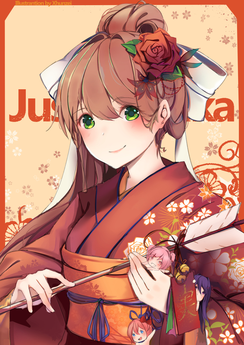 absurdres arrow artist_name bangs bell blush bow breasts brown_hair closed_mouth commentary doki_doki_literature_club eyebrows_visible_through_hair floral_background floral_print flower green_eyes hair_bow hair_flower hair_ornament hair_ribbon hamaya highres holding japanese_clothes jingle_bell kimono long_hair looking_at_viewer medium_breasts monika_(doki_doki_literature_club) multiple_girls natsuki_(doki_doki_literature_club) obi orange_border pink_hair ponytail purple_hair red_kimono ribbon rose sash sayori_(doki_doki_literature_club) sidelocks smile solo_focus translated upper_body wide_sleeves xhunzei yuri_(doki_doki_literature_club)