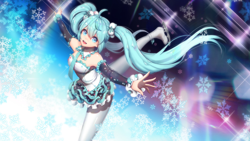 1girl :d aqua_hair black_skirt blue_eyes blush breasts collar commentary_request detached_collar detached_sleeves dutch_angle figure_skating frilled_collar frilled_shirt frilled_sleeves frills hatsune_miku highres ice_skates layered_skirt leg_up long_hair long_sleeves looking_at_viewer open_mouth outstretched_arms pantyhose shirt skates skating skirt small_breasts smile snowflakes solo split spread_arms standing_split strapless tubetop twintails very_long_hair vocaloid white_footwear white_legwear white_shirt y.i._(lave2217)