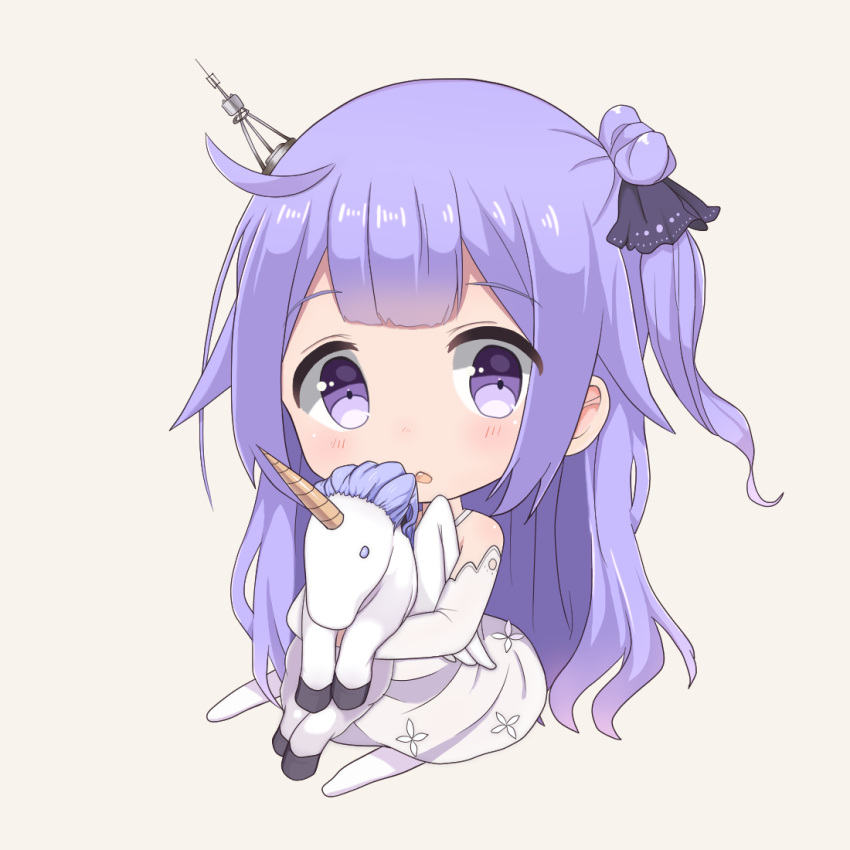 1girl azur_lane bangs bare_shoulders beige_background black_ribbon blush commentary_request detached_sleeves eyebrows_visible_through_hair hair_bun hair_ribbon halterneck kyuujou_komachi long_hair long_sleeves looking_at_viewer object_hug one_side_up pantyhose parted_lips purple_hair ribbon shirt side_bun simple_background sitting solo stuffed_animal stuffed_pegasus stuffed_toy stuffed_unicorn unicorn_(azur_lane) upper_teeth very_long_hair violet_eyes white_legwear white_shirt