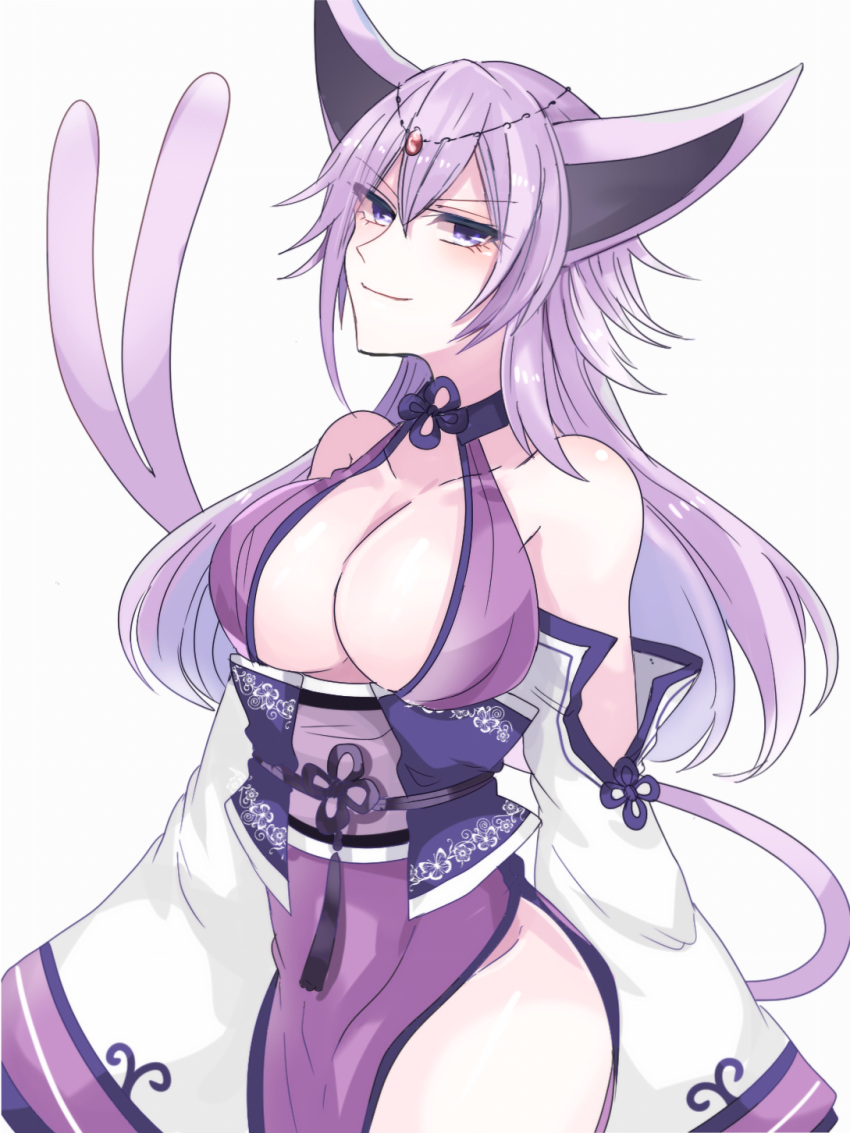 1girl animal_ears asame21 blue_eyes breasts cleavage espeon highres japanese_clothes large_breasts long_hair personification pokemon smile solo standing tail violet_eyes