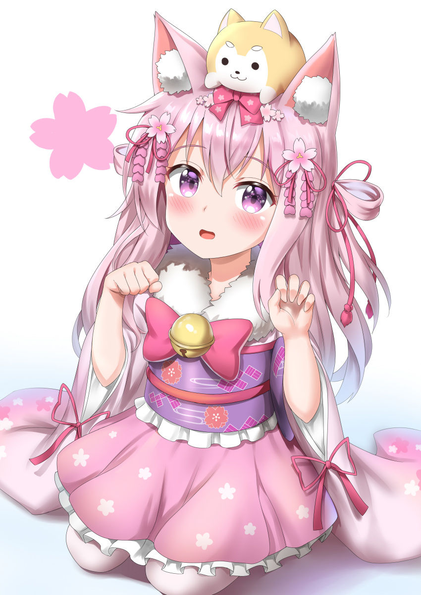 1girl :d absurdres animal animal_ears animal_on_head azur_lane bangs bell blush bow cat_ears cherry_blossom_hair_ornament claw_pose commentary_request dog dog_on_head eyebrows_visible_through_hair flower frilled_skirt frills fur_collar hair_between_eyes hair_bow hair_flower hair_ornament hair_ribbon highres japanese_clothes jingle_bell kimono kisaragi_(azur_lane) long_hair long_sleeves looking_at_viewer nedia_(nedia_region) obi on_head open_mouth pantyhose paw_pose pink_bow pink_hair pink_kimono pink_ribbon pink_skirt ribbon sash seiza short_kimono simple_background sitting skirt smile solo two_side_up very_long_hair violet_eyes white_background white_legwear wide_sleeves