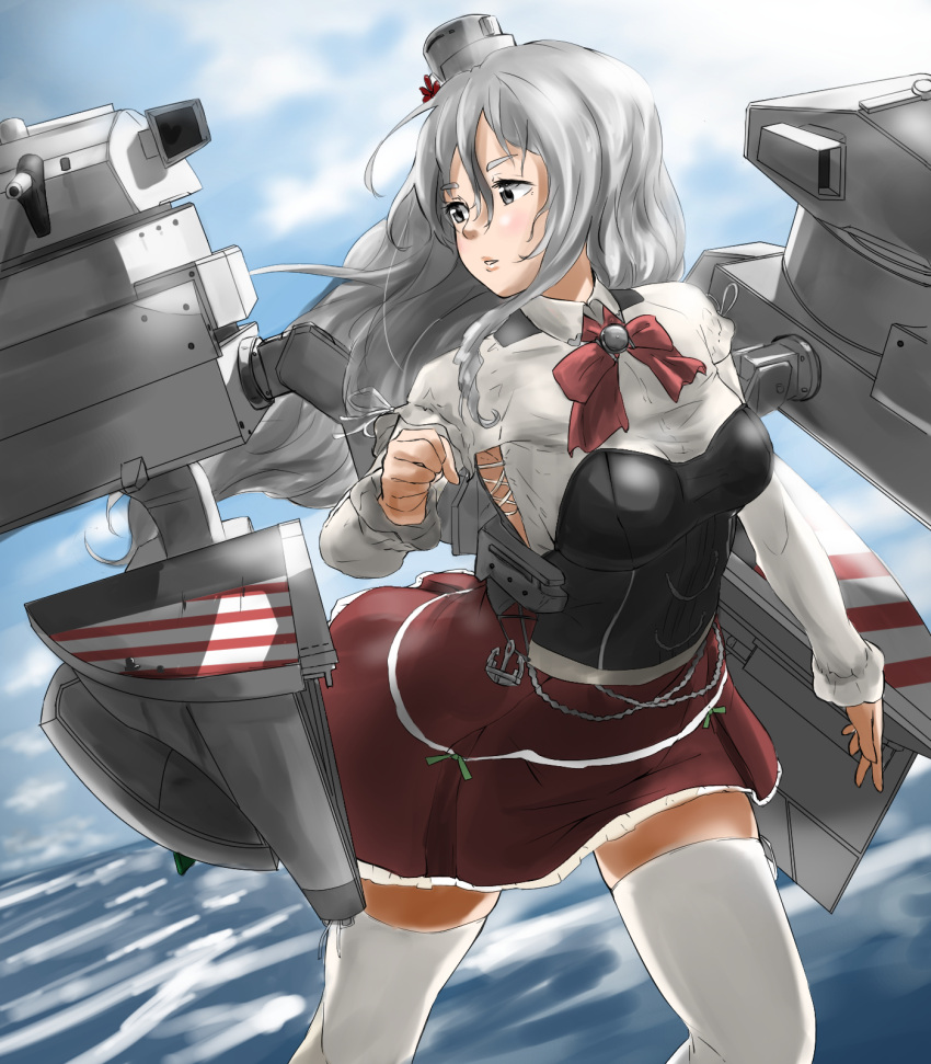 1girl bow bowtie brown_eyes cannon corset grey_hair hair_between_eyes hat highres kantai_collection long_hair machinery mini_hat miniskirt ocean pola_(kantai_collection) red_skirt rigging shirt skirt solo tama_(seiga46239239) thick_eyebrows thigh-highs turret water wavy_hair white_legwear white_shirt