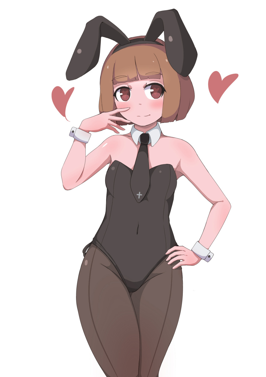 1girl absurdres animal_ears bangs bare_shoulders black_leotard black_neckwear blunt_bangs blush brown_eyes brown_hair brown_legwear bunny_girl bunnysuit closed_mouth covered_navel detached_collar eyebrows_visible_through_hair fake_animal_ears groin heart heart-shaped_pupils highleg highleg_leotard highres leotard looking_at_viewer necktie original pantyhose rabbit_ears short_hair simple_background solo strapless strapless_leotard symbol-shaped_pupils toy_box-r white_background white_collar wing_collar wrist_cuffs