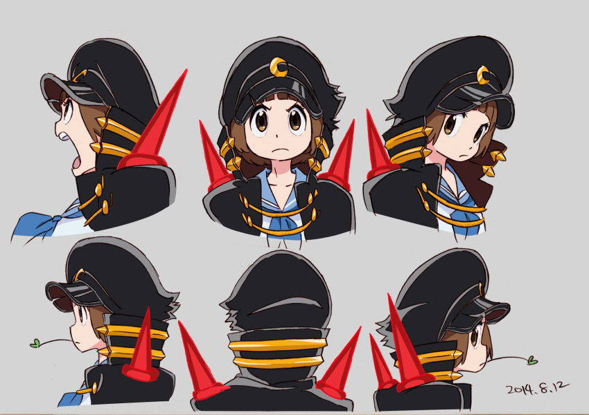 1girl bangs black_cape blue_sailor_collar blunt_bangs brown_eyes brown_hair cape closed_mouth commentary_request dated frown grey_background hat highres kill_la_kill leaf looking_at_viewer looking_to_the_side mankanshoku_mako mouth_hold multiple_views official_art open_mouth peaked_cap sailor_collar school_uniform serafuku shirt short_hair simple_background sushio white_shirt