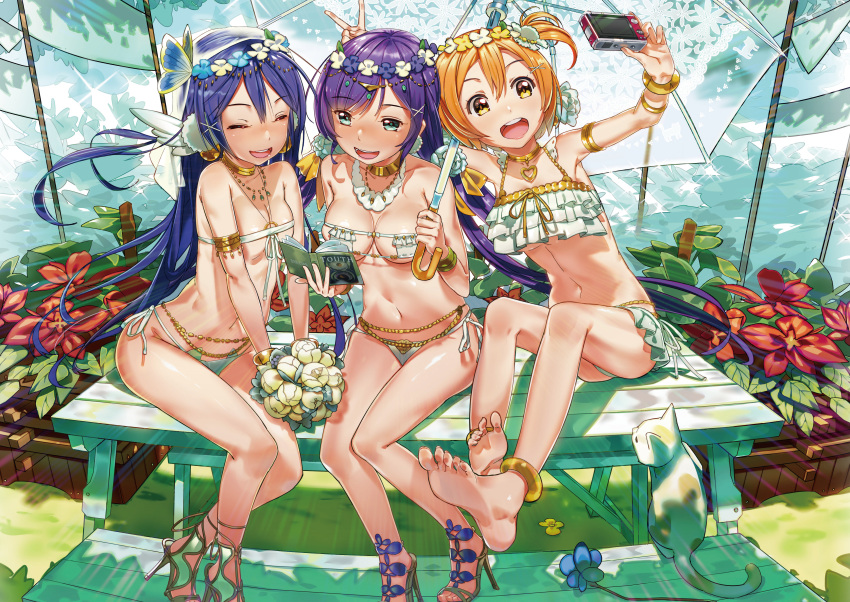 3girls absurdres animal bangs barefoot bench bikini blue_hair blush book bouquet bracelet breasts butterfly butterfly_hair_ornament camera cat cleavage closed_eyes el-zheng eyebrows_visible_through_hair feet flower flower_on_head frilled_bikini frills hair_between_eyes hair_flower hair_ornament hairclip head_wreath high_heels highres holding holding_book holding_bouquet holding_camera holding_umbrella hoshizora_rin huge_filesize jewelry lily_white_(love_live!) long_hair love_live! love_live!_school_idol_project low_twintails midriff multiple_girls navel necklace one_side_up open_book open_mouth orange_hair parasol purple_hair reading short_hair side-tie_bikini sitting small_breasts smile soles sonoda_umi swimsuit toes toujou_nozomi twintails umbrella white_bikini white_cat winged_hair_ornament
