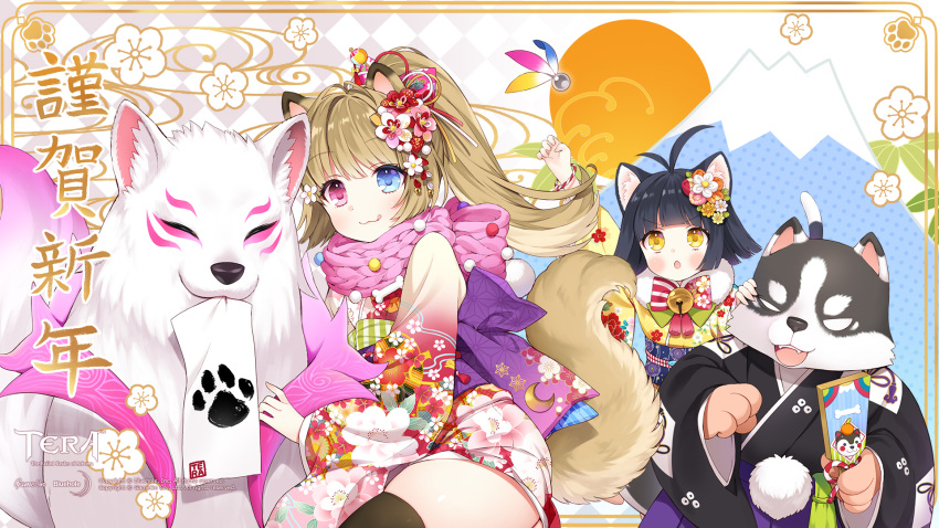 1boy 2018 2girls :3 :p ahoge animal_ears arm_up bell black_hair black_kimono black_legwear brown_hair byulzzimon cat_ears cat_tail dog dog_ears dog_tail elin_(tera) floral_print flower hair_flower hair_ornament happy_new_year heterochromia highres japanese_clothes jingle_bell kimono mouth_hold multiple_girls new_year obi official_art open_mouth pink_kimono ponytail popori sash scarf short_hair tail tera_online thigh-highs tongue tongue_out translated wallpaper year_of_the_dog yellow_eyes yellow_kimono zettai_ryouiki