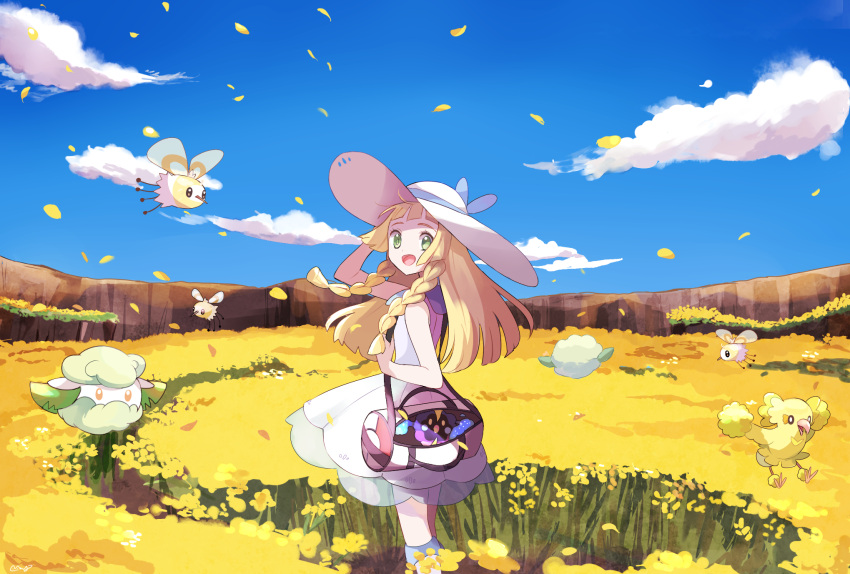 1girl :d ahoge arm_up bag bangs bare_shoulders bird black_eyes blonde_hair blue_sky blunt_bangs boots braid bright_pupils cliff clouds cosmog cottonee cutiefly day dress duffel_bag field floating flower flower_field flying from_side green_eyes hat highres in_bag in_container knee_boots legendary_pokemon lillie_(pokemon) long_hair looking_at_viewer looking_to_the_side mei_(maysroom) open_mouth orange_eyes oricorio outdoors petals pokemon pokemon_(creature) pokemon_(game) pokemon_sm see-through shoulder_bag sky sleeveless sleeveless_dress smile solo standing sun_hat tareme twin_braids white_dress white_footwear