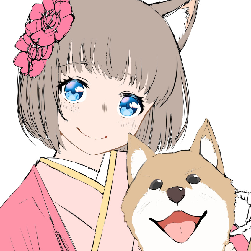 1girl animal_ears bangs blue_eyes brown_hair closed_mouth commentary_request dog dog_ears eyebrows_visible_through_hair flower hair_flower hair_ornament head_tilt highres japanese_clothes kimono looking_at_viewer new_year original saruchitan shiba_inu short_hair simple_background smile solo white_background year_of_the_dog