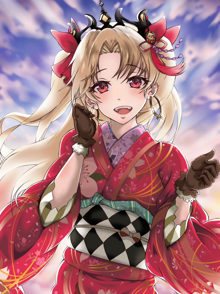 :d bangs blonde_hair blush brown_gloves earrings ereshkigal_(fate/grand_order) fate/grand_order fate_(series) floral_print gloves hair_ribbon highres hoop_earrings japanese_clothes jewelry kimono long_hair looking_at_viewer nengajou new_year obi open_mouth parted_bangs pon_(syugaminp) red_eyes red_ribbon ribbon sash skull sky smile tiara two_side_up wide_sleeves