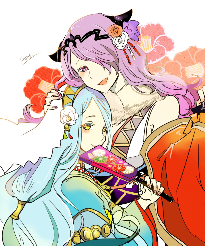 2girls aqua_(fire_emblem_if) blue_hair camilla_(fire_emblem_if) fire_emblem fire_emblem_heroes fire_emblem_if hair_over_one_eye headdress highres japanese_clothes kimono long_hair looking_at_viewer multiple_girls purple_hair smile violet_eyes yellow_eyes