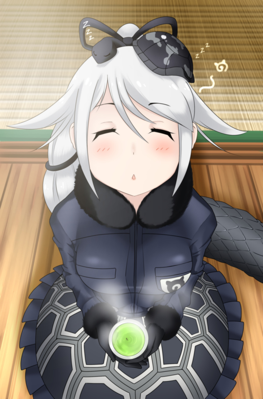 1girl blush closed_eyes fur_trim genbu_(kemono_friends) gloves grey_hair highres japari_symbol kemono_friends long_hair nuemamoru_eion open_mouth seiza sitting solo tail tea turtle_shell zzz