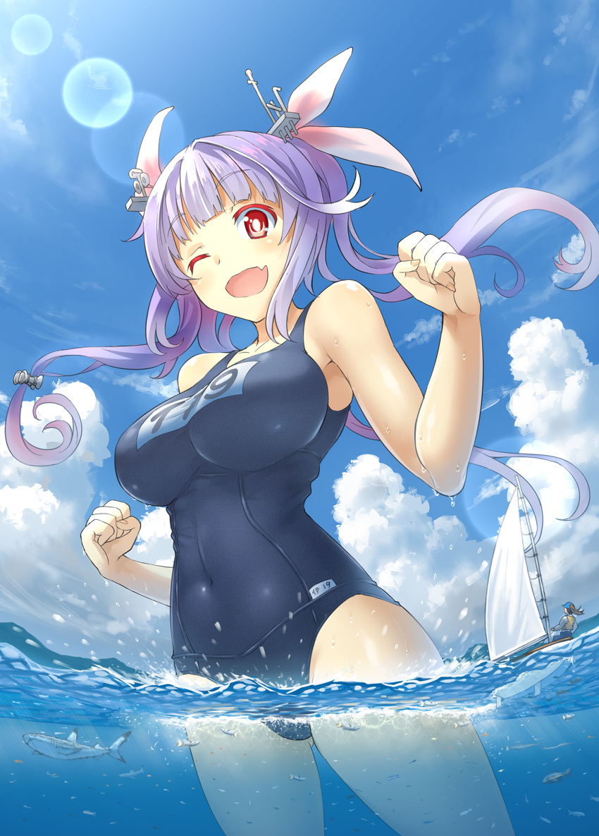 1girl armpits bare_shoulders blue_sky blue_swimsuit breasts clouds competition_school_swimsuit covered_navel day fang giantess highres i-19_(kantai_collection) kantai_collection kuro_oolong large_breasts long_hair name_tag one_eye_closed open_mouth outdoors partially_submerged purple_hair red_eyes shiny shiny_skin skin_tight sky small_breasts solo splashing swimsuit water water_drop