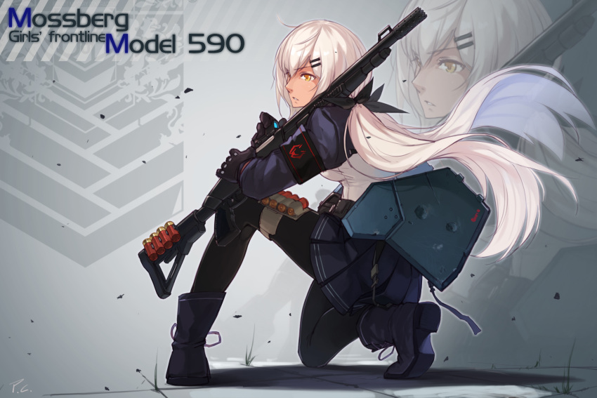 1girl ammunition_belt ankle_boots armband armor bangs belt black_footwear black_gloves black_legwear black_ribbon boots breasts bucket character_name clip cross-laced_footwear dark_skin eyebrows_visible_through_hair floating_hair full_body girls_frontline gloves grass grifon&amp;kryuger gun hair_ornament hair_ribbon hairclip highres holding holding_gun holding_weapon jacket lace-up_boots long_hair looking_away low_twintails medium_breasts migime_no_yuugure mossberg_590 mossberg_m590_(girls_frontline) one_knee pantyhose parted_lips pleated_skirt pouch pump_action ribbon shirt shotgun shotgun_shells skirt solo strap tan thigh_strap twintails very_long_hair weapon white_hair wind yellow_eyes
