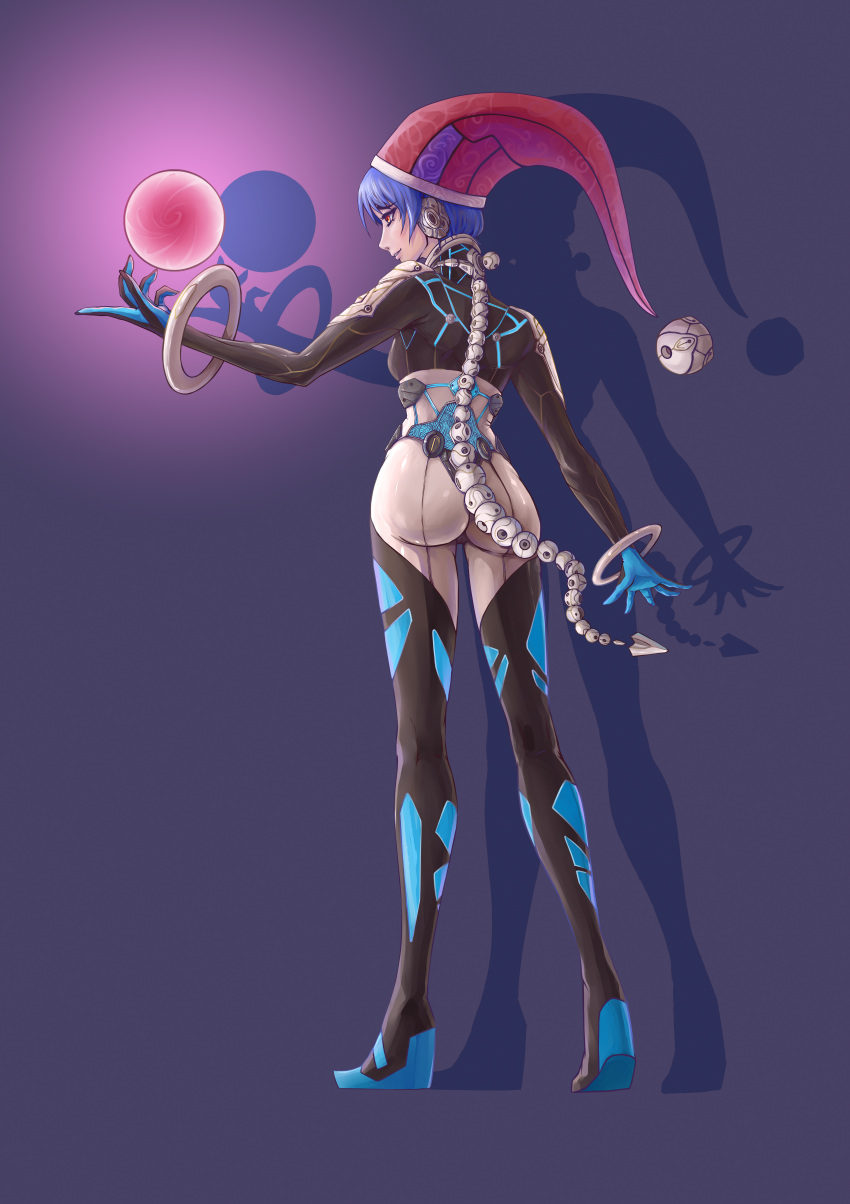 1girl absurdres alternate_costume ass black_bodysuit blue_background blue_hair bodysuit breasts chongtian_yixiao_shualuanfei collar commentary_request doremy_sweet energy_ball eyelashes floating from_behind full_body glowing hat headphones highres hoop mechanical_tail medium_breasts orb parted_lips red_eyes red_hat science_fiction shadow short_hair smile smirk solo spine standing tail touhou
