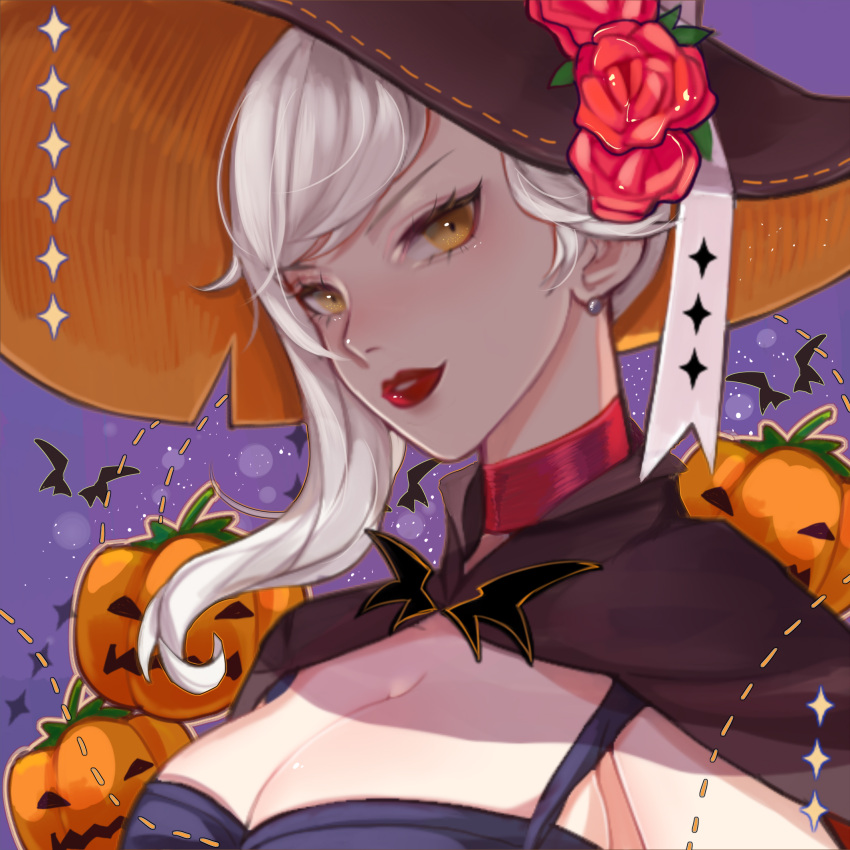 black_cape black_hat breasts brown_eyes cape earrings flower hat hat_flower highres jack-o'-lantern jewelry large_breasts league_of_legends lipstick looking_at_viewer makeup medium_hair meowlian parted_lips upper_body white_hair