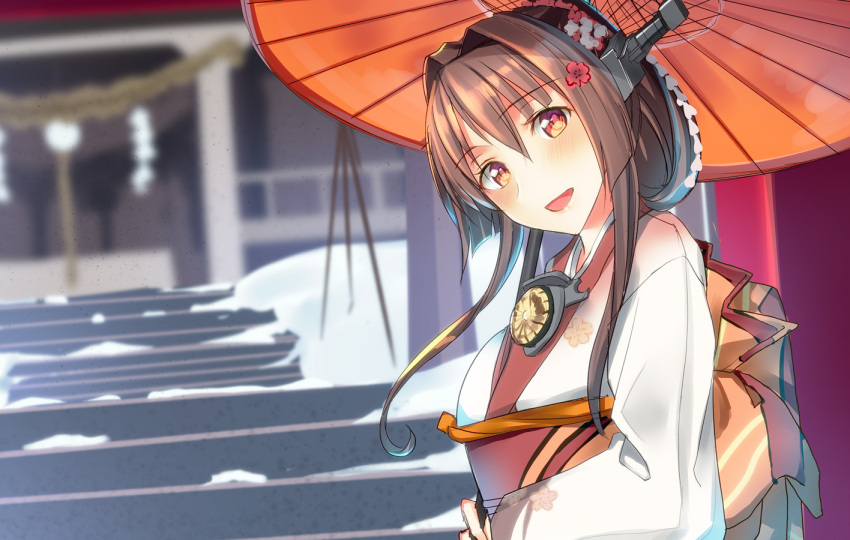 1girl :d blurry blurry_background blush brown_hair commentary_request depth_of_field eyebrows_visible_through_hair flower hair_flower hair_intakes hair_ornament head_tilt headgear japanese_clothes kantai_collection kimono long_hair long_sleeves looking_at_viewer obi open_mouth oriental_umbrella outdoors pallad red_eyes sash shrine smile snow solo stairs umbrella white_kimono yamato_(kantai_collection)