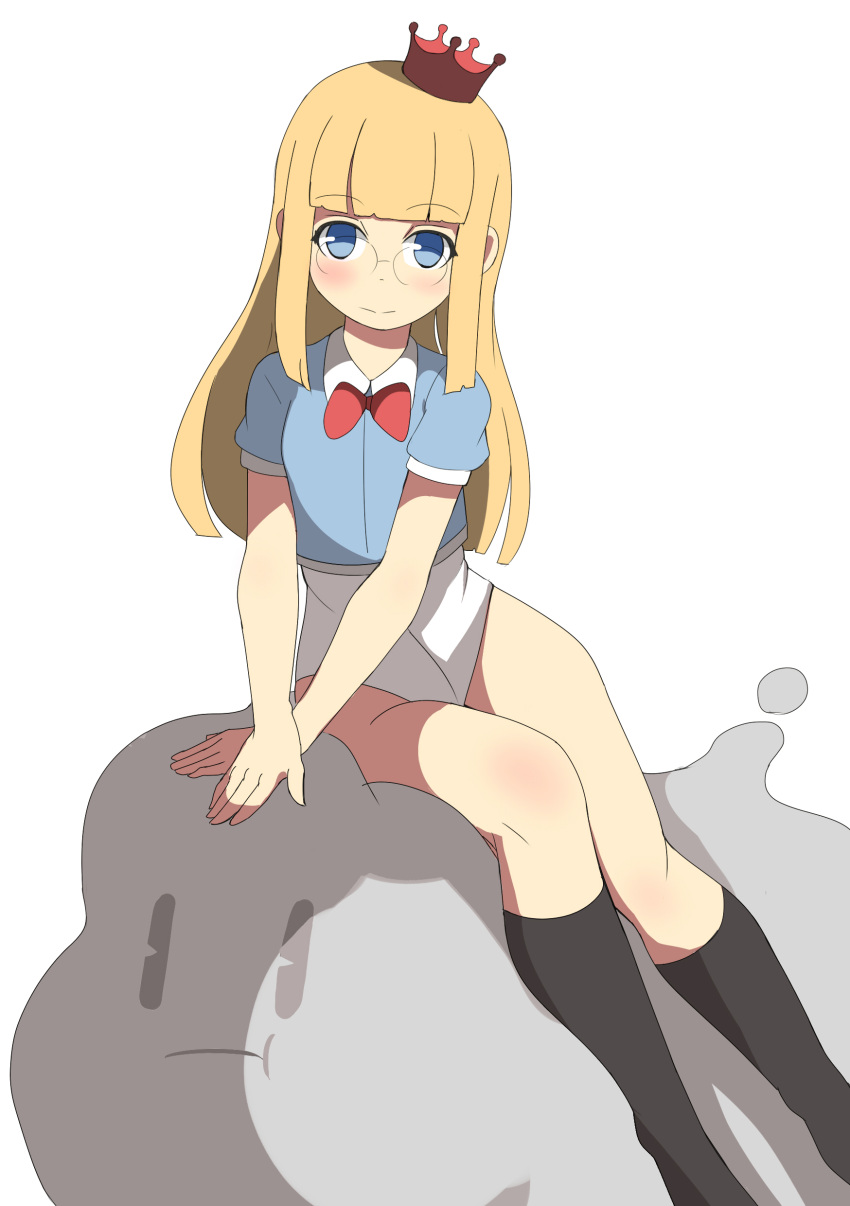 1girl :t absurdres bangs black_legwear blonde_hair blue_eyes blue_shirt blunt_bangs blush bow bowtie closed_mouth collared_shirt crown eyebrows_visible_through_hair glasses highres kneehighs leotard leotard_under_clothes long_hair looking_at_viewer mini_crown no_shoes original pout puffy_short_sleeves puffy_sleeves red_neckwear round_eyewear shirt short_sleeves simple_background sitting solo toy_box-r white_background white_leotard