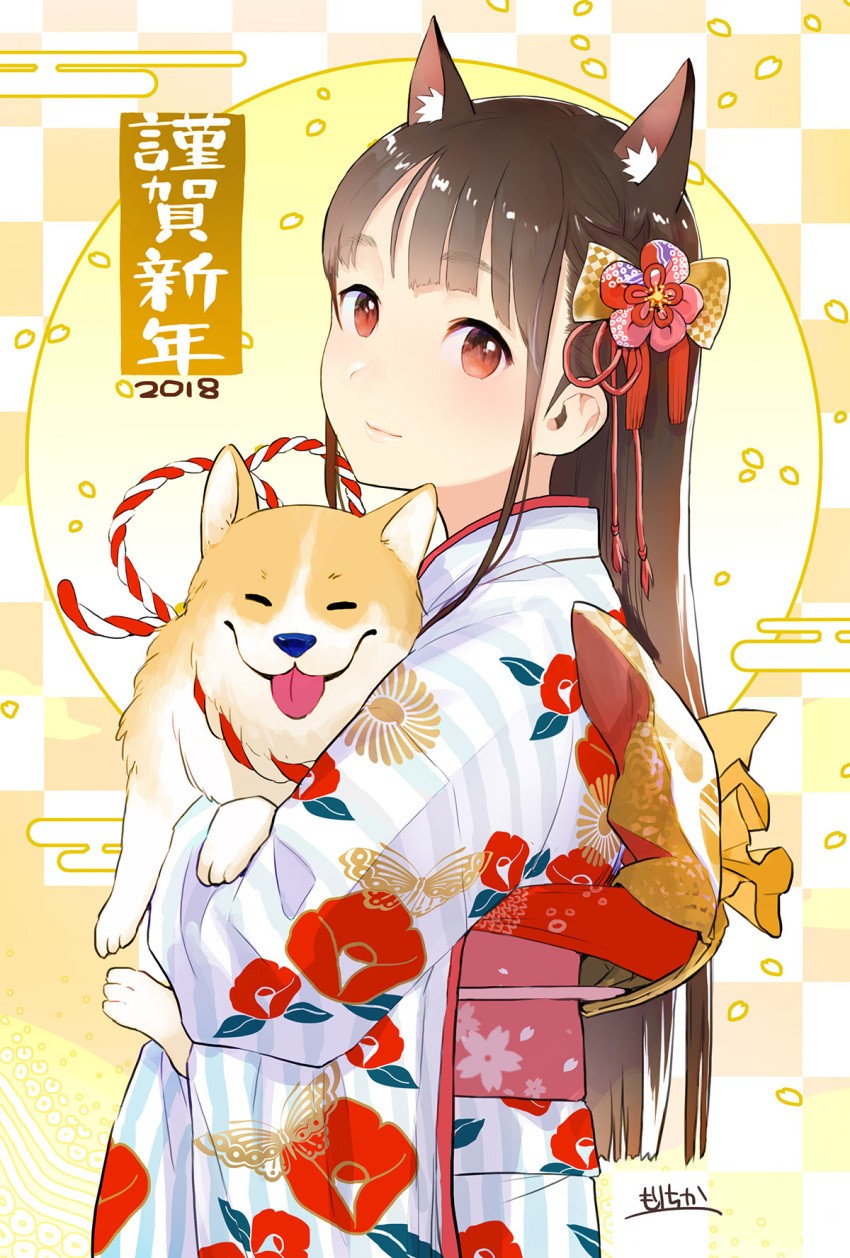 1girl 2018 akeome animal animal_ears blush brown_hair closed_mouth commentary_request dog dog_ears eyebrows_visible_through_hair from_side hair_ornament happy_new_year highres holding holding_animal holding_dog japanese_clothes kimono long_hair long_sleeves looking_at_viewer morifumi new_year obi original red_eyes sash signature smile standing translated welsh_corgi wide_sleeves year_of_the_dog