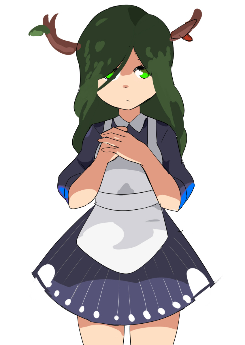1girl antlers apron bangs blue_dress closed_mouth collared_dress cowboy_shot dress green_eyes green_hair hair_over_one_eye hands_up highres leaf long_hair looking_at_viewer original own_hands_together short_dress simple_background solo toy_box-r white_apron white_background