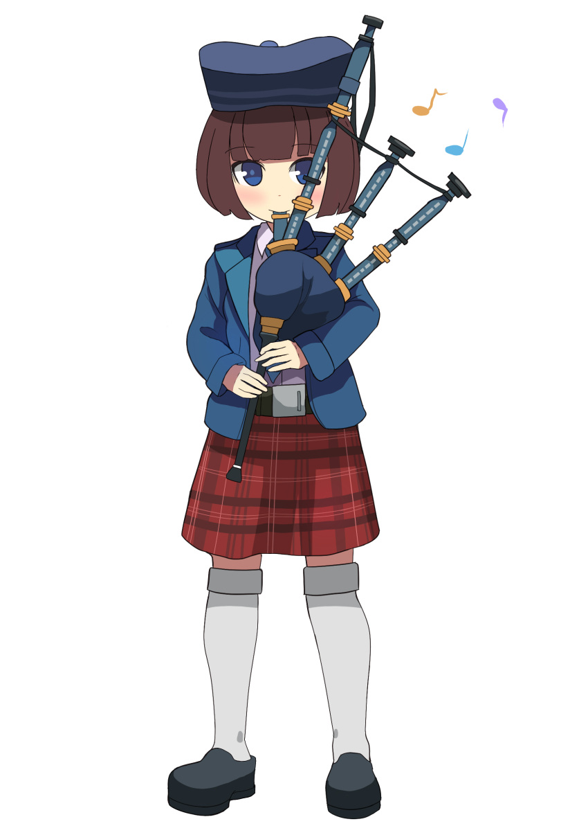 1girl absurdres bagpipes bangs belt_buckle black_belt black_footwear blue_eyes blue_hat blue_jacket blunt_bangs blush brown_hair buckle closed_mouth collared_shirt crotchet full_body hat highres holding instrument jacket kilt kneehighs long_sleeves music musical_note original plaid playing_instrument quaver shirt shoes short_hair simple_background sleeves_past_wrists smile solo standing toy_box-r white_background white_legwear white_shirt
