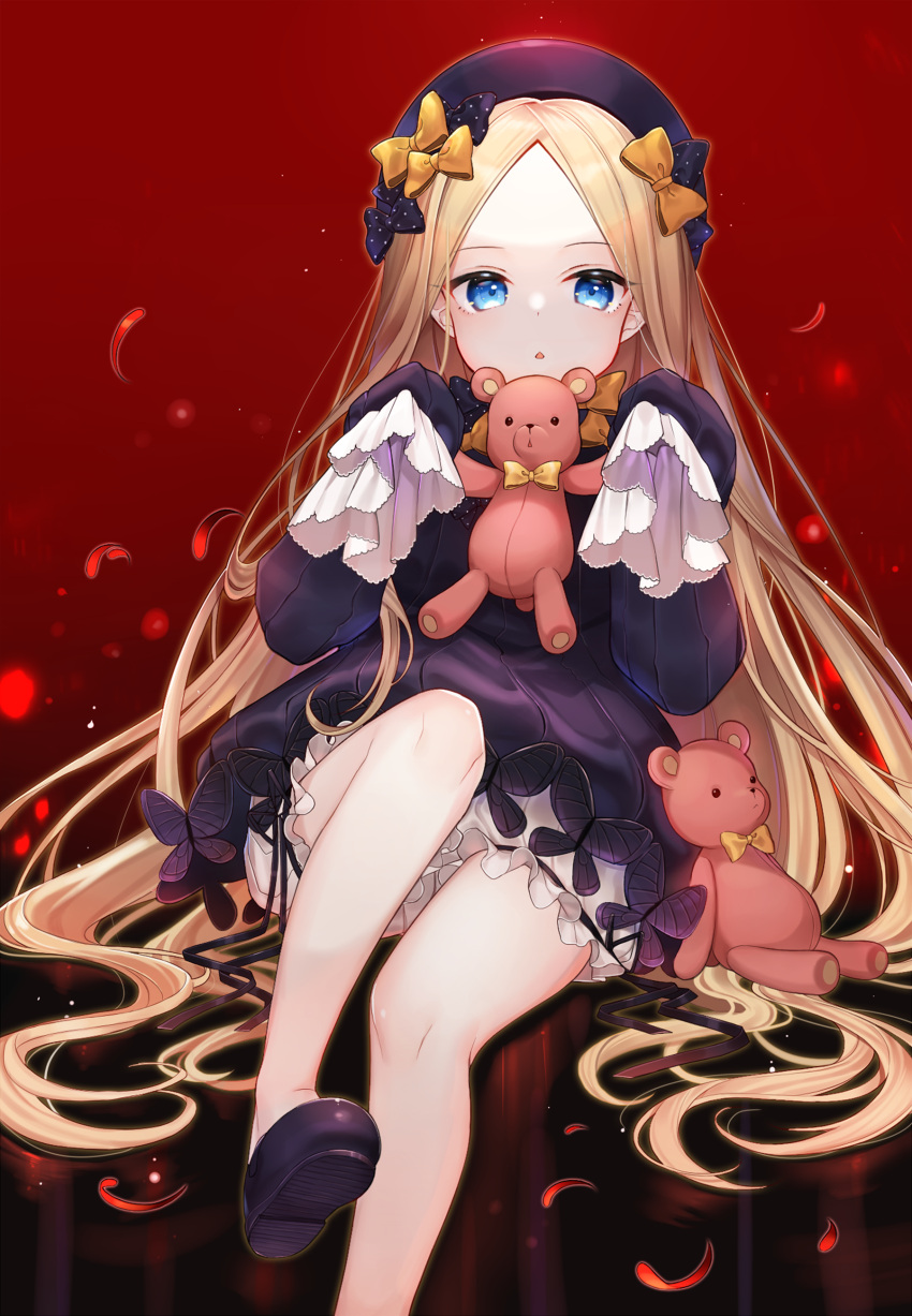 1girl abigail_williams_(fate/grand_order) absurdres bangs bare_legs black_bow black_dress black_footwear black_hat blonde_hair bloomers blue_eyes bow butterfly dress fate/grand_order fate_(series) forehead hair_bow hat highres holding holding_stuffed_animal ion_(on01e) long_hair long_sleeves looking_at_viewer orange_bow parted_bangs polka_dot polka_dot_bow sitting sleeves_past_wrists solo stuffed_animal stuffed_toy teddy_bear underwear very_long_hair white_bloomers