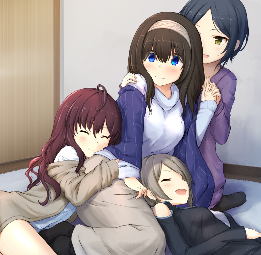 4girls :3 :d ahoge artist_name bangs basa_rutan black_hair black_legwear black_shirt blue_eyes blue_sweater blush brown_hair cardigan closed_eyes closed_mouth dress eyebrows_visible_through_hair green_eyes grey_hair grey_skirt hair_between_eyes hairband hayami_kanade highres ichinose_shiki idolmaster idolmaster_cinderella_girls indoors long_hair long_skirt long_sleeves lying multiple_girls no_shoes on_back on_floor on_side open_cardigan open_clothes open_mouth pantyhose parted_bangs purple_sweater redhead sagisawa_fumika shawl shiomi_shuuko shirt short_hair sitting skirt smile sweat sweater sweater_dress white_shirt