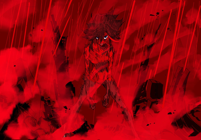 1girl angry blood blue_eyes commentary_request highres injury kill_la_kill legs_apart looking_at_viewer matoi_ryuuko monochrome multicolored_hair nude official_art parted_lips red ruins scar solo spoilers spot_color standing streaked_hair sushio