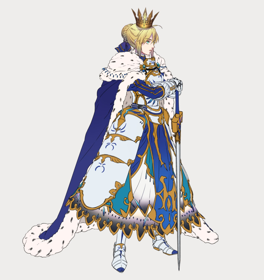 1girl artoria_pendragon_(all) bangs blonde_hair cape crossed_arms ears_visible_through_hair eyebrows_visible_through_hair facing_to_the_side fate/stay_night fate_(series) green_eyes hair_between_eyes highres multicolored multicolored_cape multicolored_clothes multicolored_footwear open_eyes saber simple_background solo white_background yosi135