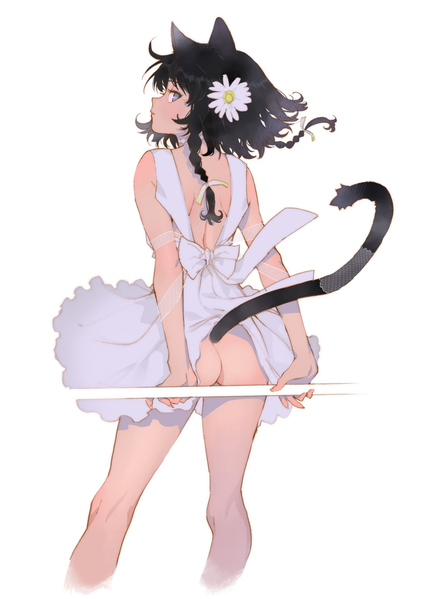 1girl absurdres animal_ears aruterra ass black_hair blue_eyes braid cat_ears cat_tail dress dress_lift expressionless flower from_behind hair_flower hair_ornament hair_ribbon highres looking_back no_panties original profile ribbon simple_background solo tail twin_braids white_background white_dress white_pupils wind