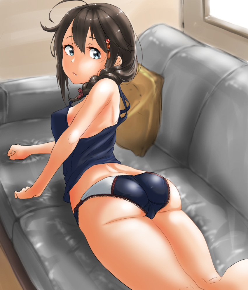 1girl ass black_hair blue_eyes blue_shirt breasts closed_mouth couch hair_between_eyes hair_ornament hairclip highres kantai_collection long_hair looking_at_viewer multicolored multicolored_clothes multicolored_panties no_bra panties pants pillow ponytail shigure_(kantai_collection) shirt small_breasts solo tama_(seiga46239239) thighs underwear undressing window