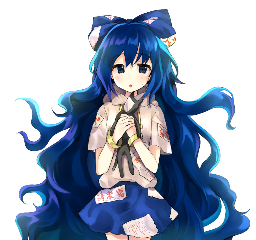 1girl blue_eyes blue_hair blush cheunes doll hair_ribbon highres holding_doll long_hair looking_at_viewer open_mouth ribbon simple_background solo talismans tears touhou very_long_hair white_background yorigami_shion