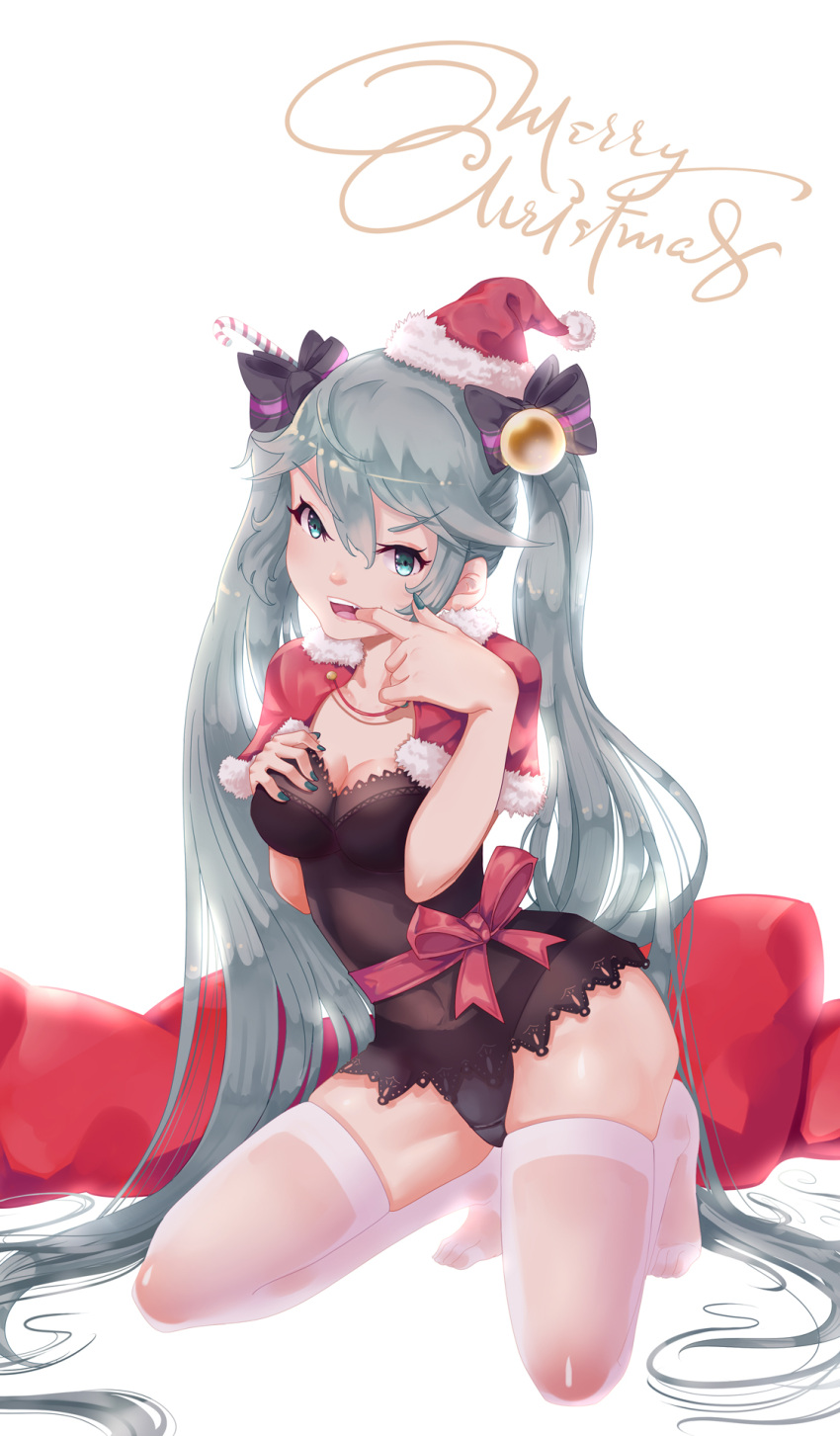 1girl aqua_eyes aqua_hair breasts candy candy_cane christmas eris eyebrows_visible_through_hair finger_in_mouth food full_body hat hatsune_miku highres kneeling long_hair merry_christmas nail_polish open_mouth santa_costume santa_hat small_breasts solo thigh-highs twintails very_long_hair vocaloid white_background white_legwear