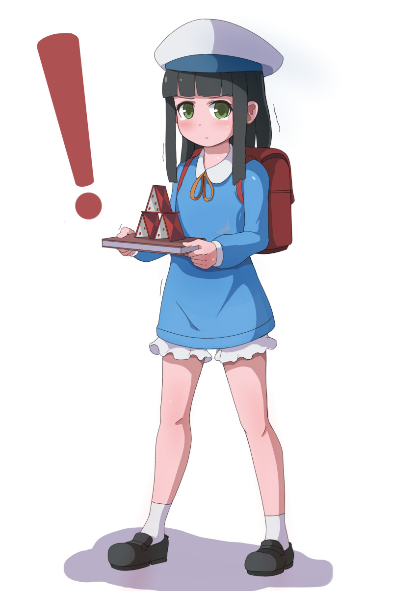 ! 1girl absurdres backpack bag beret black_footwear black_hair blue_dress blush book card collared_dress dress full_body green_eyes hat highres holding holding_book house_of_cards long_sleeves looking_at_viewer original playing_card randoseru school_uniform shoes socks solo standing tears toy_box-r white_background white_hat white_legwear