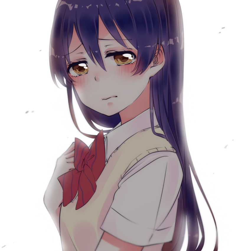 1girl artist_request bangs blue_hair blush commentary_request hair_between_eyes long_hair looking_at_viewer love_live! love_live!_school_idol_project otonokizaka_school_uniform red_neckwear shirt short_sleeves simple_background solo sonoda_umi striped_neckwear upper_body vest white_background white_shirt yellow_eyes