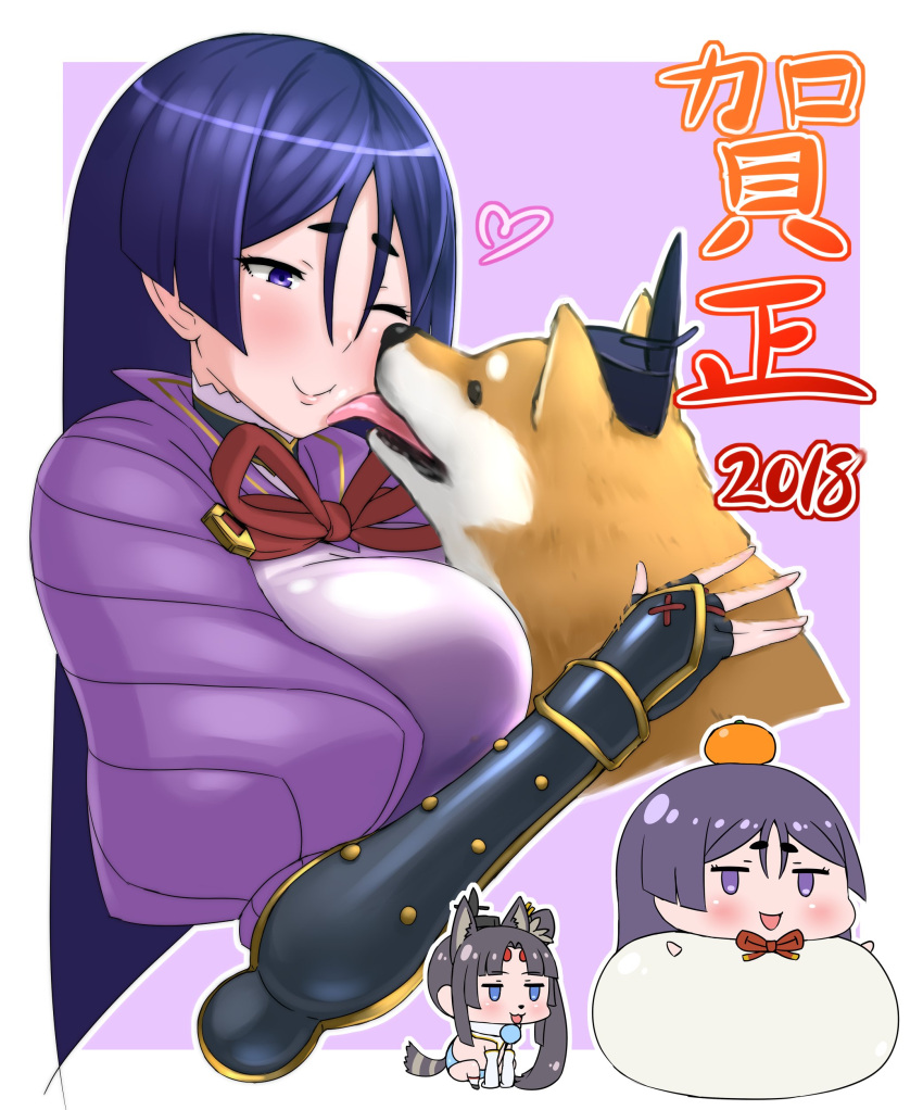 2018 2girls :3 :d absurdres all_fours animal_ears animalization blue_eyes blush bracer breasts cheek_licking chibi commentary_request detached_sleeves dog dog_ears dog_tail face_licking fate/grand_order fate_(series) food fruit hat heart highres hitome large_breasts licking long_hair looking_at_viewer mandarin_orange minamoto_no_raikou_(fate/grand_order) multiple_girls neck_ribbon new_year open_mouth puffy_sleeves purple_background purple_hair red_ribbon rei_(rei_rr) ribbon shiba_inu side_ponytail simple_background smile stuck tail translation_request ushiwakamaru_(fate/grand_order) violet_eyes