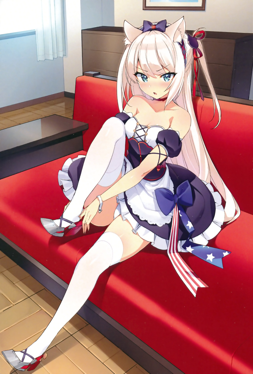 1girl :o absurdres adjusting_clothes adjusting_footwear animal_ears apron azur_lane bangs bare_shoulders black_bow black_choker black_dress blue_eyes blush bow breasts cat_ears choker closed_eyes collarbone couch curtains detached_sleeves dress eyebrows_visible_through_hair frilled_skirt frills full_body hair_bow hair_ribbon hammann_(azur_lane) highres indoors knee_up long_hair looking_at_viewer nose_blush on_couch one_side_up ootomo_takuji open_mouth panties pantyshot pantyshot_(sitting) picture_frame puffy_short_sleeves puffy_sleeves red_ribbon ribbon scan shelf short_sleeves simple_background sitting skirt small_breasts solo straight_hair strapless strapless_dress tsurime underwear upskirt v-shaped_eyebrows very_long_hair waist_apron white_apron white_legwear white_panties window wooden_floor wrist_cuffs