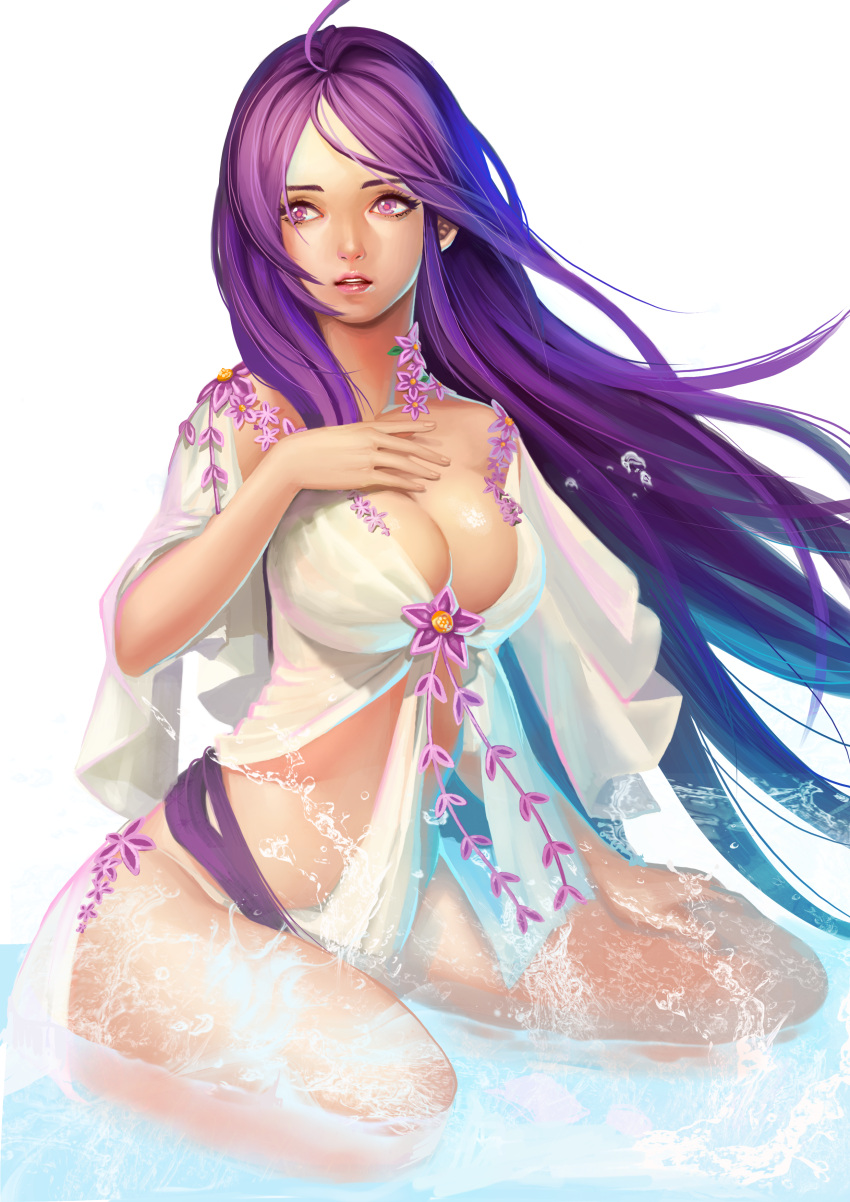 1girl absurdres ahoge breasts dereiope hand_up highres large_breasts long_hair looking_at_viewer midriff original parted_lips pink_pupils purple_hair very_long_hair violet_eyes water