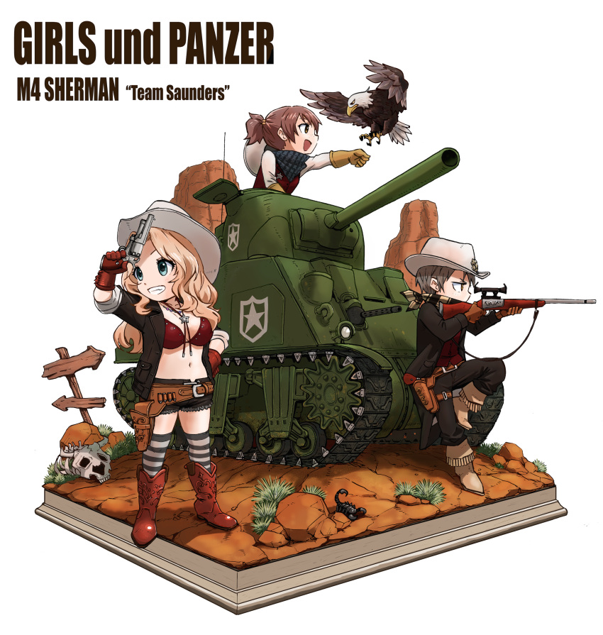 3girls :d absurdres aiming alisa_(girls_und_panzer) bandanna bird black_shorts blonde_hair boots bra breasts brown_eyes brown_hair commentary_request copyright_name cowboy_boots cowboy_hat cross_section eagle faux_figurine finger_on_trigger frown girls_und_panzer gloves grass green_eyes grin ground_vehicle gun hand_on_hip handgun hat hat_around_neck highres holding holding_gun holding_weapon hone_(honehone083) jewelry kay_(girls_und_panzer) large_breasts leaning_on_object long_hair military military_vehicle motor_vehicle multiple_girls naomi_(girls_und_panzer) navel necklace open_mouth ponytail red_bra red_gloves revolver rifle rock scorpion short_hair short_shorts shorts sign silver_hair skull smile sniper_rifle standing standing_on_one_leg striped striped_legwear tank thigh-highs underwear weapon yellow_gloves