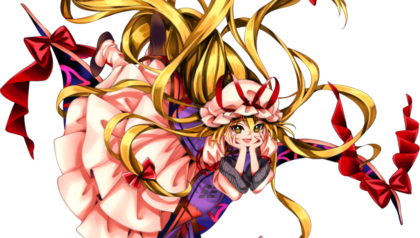 1girl :d antinomy_of_common_flowers arm_support blonde_hair bow dress gap hair_bow harukawa_moe hat hat_ribbon juliet_sleeves layered_dress long_hair long_sleeves looking_at_viewer mob_cap official_art open_mouth puffy_sleeves red_bow red_ribbon ribbon smile solo tabard touhou transparent_background very_long_hair wide_sleeves yakumo_yukari yellow_eyes