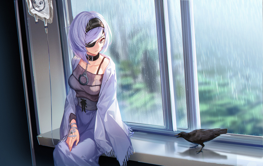 1girl absurdres belt_collar bird black_survival blue_eyes blue_hair blue_skirt bra_strap closed_mouth crow doitsu_no_kagaku eyepatch headband high-waist_skirt highres indoors intravenous_drip long_sleeves looking_at_viewer one_eye_covered purple_sweater rain ribbed_sweater sash short_hair sitting skirt solo sweater window