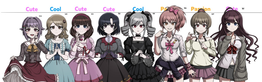 6+girls absurdres black_hair blonde_hair blue_eyes breasts brown_hair dangan_ronpa drill_hair gothic_lolita highres hori_yuuko ichinose_shiki idolmaster idolmaster_cinderella_girls jougasaki_mika kanzaki_ranko komatsuzaki_rui_(style) koshimizu_sachiko lineup lolita_fashion long_hair looking_at_viewer medium_breasts morikubo_nono multiple_girls parody pink_hair ponytail purple_hair sakuma_mayu shiragiku_hotaru short_hair silver_hair standing style_parody tachi-e twin_drills wars-ma wavy_hair yellow_eyes