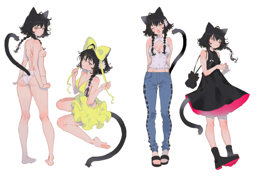 1girl ;o absurdres ahoge animal_ears ankle_boots arms_at_sides arms_behind_back aruterra ass back bag bangs bare_arms bare_legs barefoot bikini black_footwear black_hair black_skirt blue_eyes blush boots bow braid breasts bright_pupils cat_ears cat_tail cleavage cleavage_cutout closed_mouth covered_navel denim dress flower from_behind full_body hair_bow hair_flower hair_ornament head_tilt highres jeans large_bow legs_apart long_hair looking_at_viewer looking_away looking_back looking_to_the_side multiple_views no_socks one_eye_closed original own_hands_together pants parted_lips pouch sandals shirt side_ponytail simple_background skirt sleeveless sleeveless_dress sleeveless_shirt small_breasts smile standing swimsuit tail tsurime twin_braids w_arms white_background white_bikini white_shirt yellow_bow yellow_dress