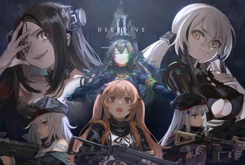 404_(girls_frontline) 6+girls absurdres assault_rifle bangs beret black_hat blue_hair blush_stickers breasts brown_eyes closed_eyes closed_mouth dreamer_(girls_frontline) english eyebrows_visible_through_hair fingerless_gloves g11 g11_(girls_frontline) gaia_(girls_frontline) girls_frontline gloves green_eyes grey_hair gun h&amp;k_ump hair_between_eyes hand_on_own_face hat head_tilt heckler_&amp;_koch highres hk416 hk416_(girls_frontline) holding holding_gun holding_weapon large_breasts long_hair looking_at_viewer low_twintails multiple_girls one_side_up open_mouth outstretched_arms parted_bangs parted_lips profile rifle scar scar_across_eye silhouette smile submachine_gun toyo_(s9654431) twintails ump45_(girls_frontline) ump9_(girls_frontline) v-shaped_eyebrows very_long_hair weapon white_hair