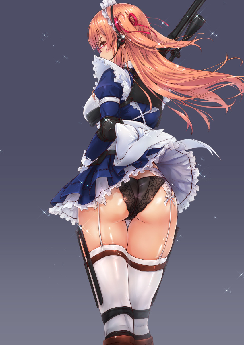 1girl absurdres apron ass bangs black_panties boots bow bowtie breasts brown_eyes commentary_request elbow_pads frills garter_straps glasses gun handgun headset highres holding holster knee_boots lingerie long_hair long_sleeves looking_at_viewer looking_back maid maid_headdress medium_breasts orange_hair original panties puffy_sleeves red-framed_eyewear rifle scope shiny simple_background skirt solo sparkle thigh_holster tori@gununu underwear upskirt weapon white_legwear