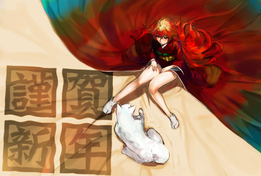 1girl bangs blush closed_mouth copyright_request dog eyebrows_visible_through_hair fingernails happy_new_year highres japanese_clothes kimono knees_together_feet_apart nail_polish new_year obi red_eyes red_nails redhead sash sitting solo suisogenshi tabi translated white_legwear year_of_the_dog