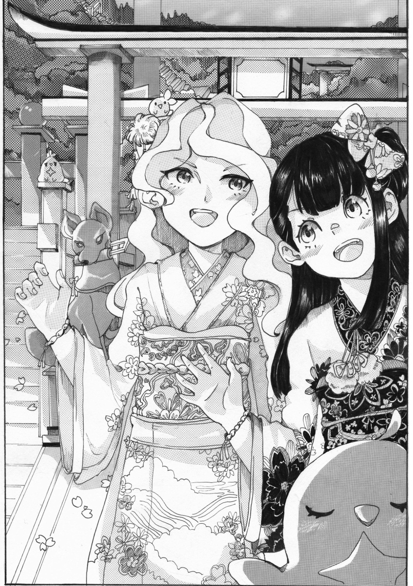 2girls artist_request bracelet commentary_request diana_cavendish highres japanese_clothes jewelry kagari_atsuko kimono little_witch_academia monochrome multiple_girls shrine stairs statue torii