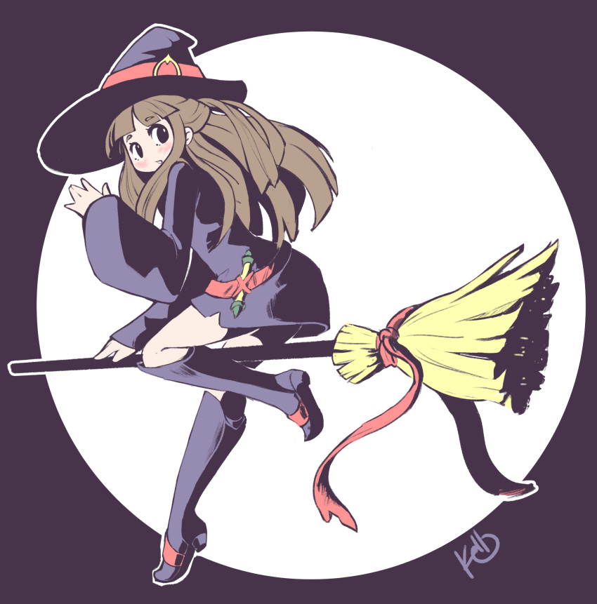 1girl angelica_(k3lly) artist_name belt black_eyes blush broom broom_riding brown_hair dress from_side full_body full_moon hat highres kagari_atsuko kneeboots leg_up little_witch_academia long_hair long_sleeves looking_at_viewer looking_to_the_side luna_nova_school_uniform moon purple_background purple_dress purple_hat purple_legwear red_ribbon ribbon signature simple_background solo standing standing_on_one_leg waving witch_hat