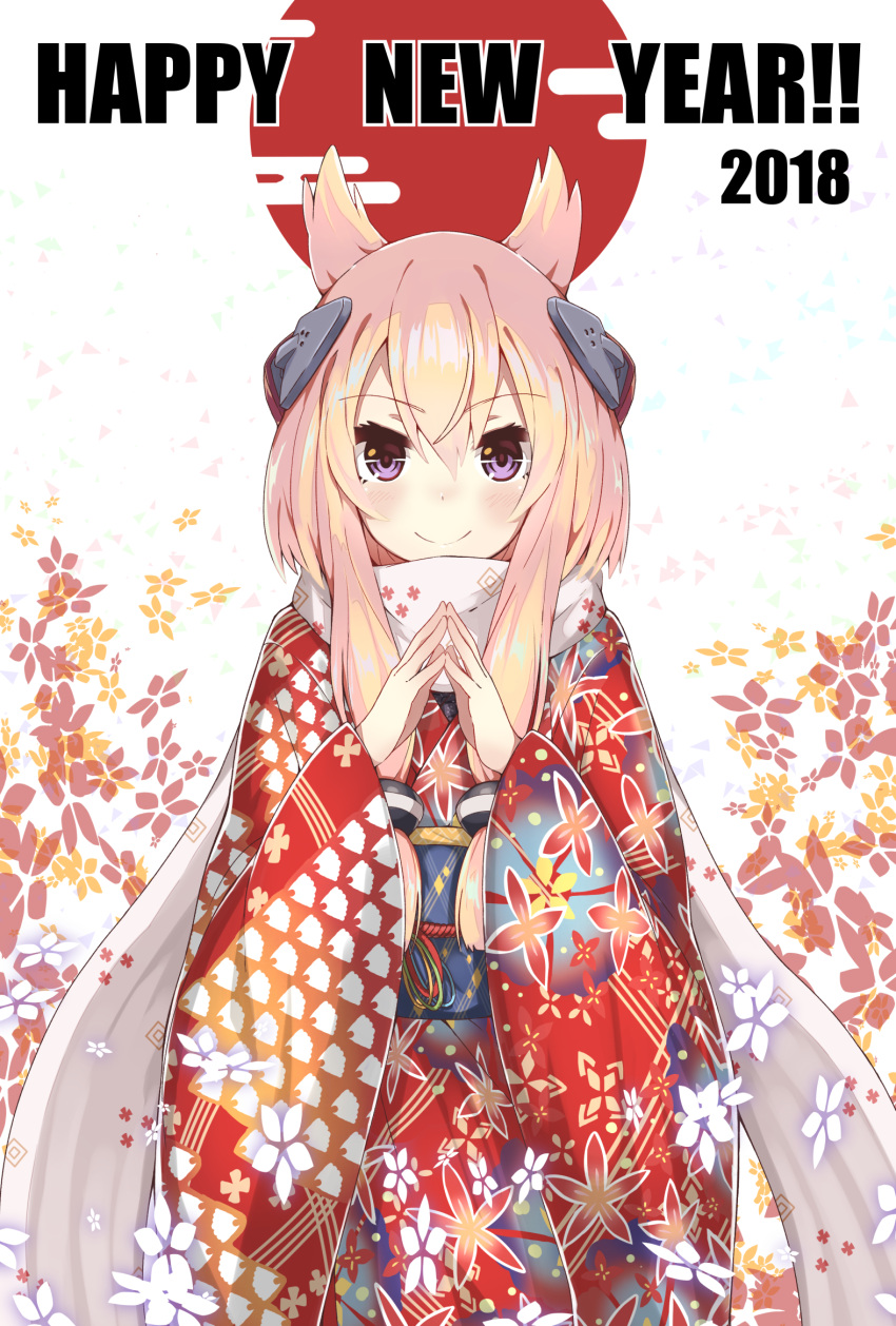 1girl 2018 abstract_background animal_ears azur_lane blonde_hair closed_mouth egasumi eyebrows_visible_through_hair eyelashes floral_print hair_between_eyes happy_new_year headgear highres japanese_clothes kimono long_hair long_sleeves looking_at_viewer neme1228 new_year own_hands_together red_kimono sash scarf shiny shiny_hair sidelocks smile solo sun upper_body violet_eyes warspite_(azur_lane) white_scarf wide_sleeves
