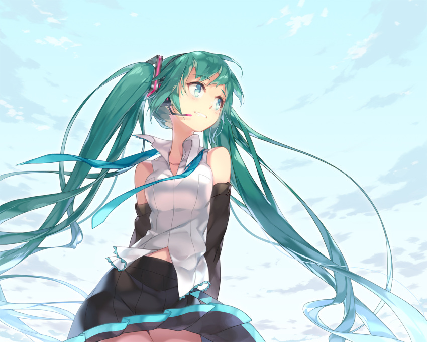 1girl aqua_hair arms_behind_back bare_shoulders black_skirt blue_eyes blue_sky blush breasts btoor clouds day detached_sleeves hair_ornament hatsune_miku headset highres long_hair looking_away looking_to_the_side medium_breasts outdoors parted_lips shirt skirt sky smile solo standing tareme twintails undone_necktie very_long_hair vocaloid white_shirt