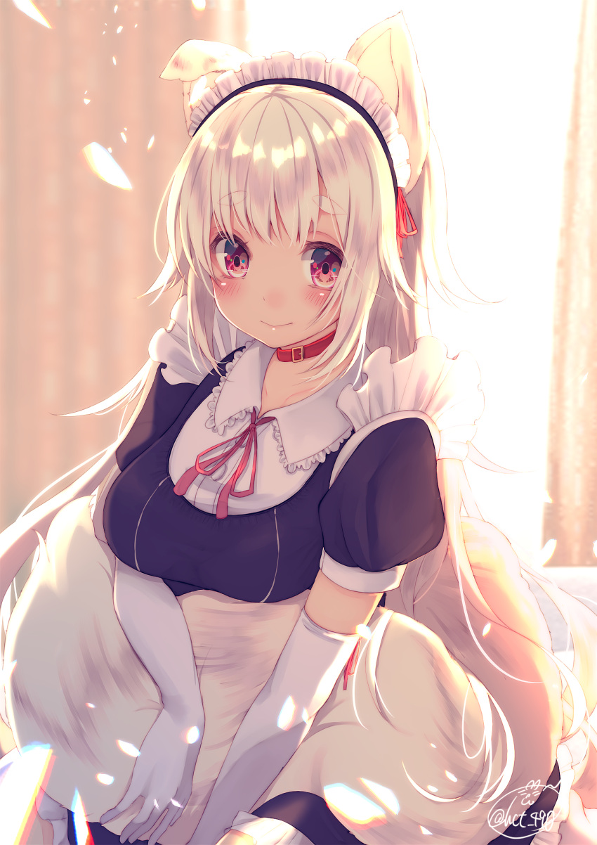 1girl animal_ears backlighting breasts chita_(ketchup) choker closed_mouth commentary_request dog_ears dog_tail dress elbow_gloves frills gloves highres long_hair looking_at_viewer maid maid_headdress original puffy_short_sleeves puffy_sleeves red_eyes short_eyebrows short_sleeves signature solo tail white_gloves white_hair